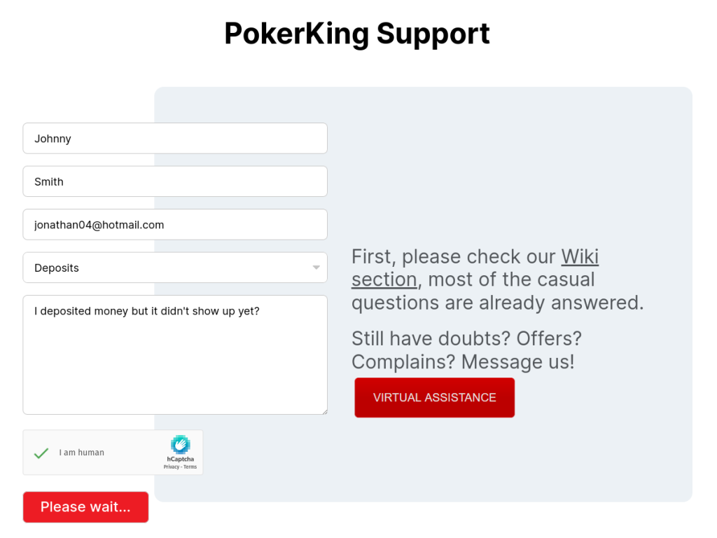PokerKing.com customer support form doesn't work